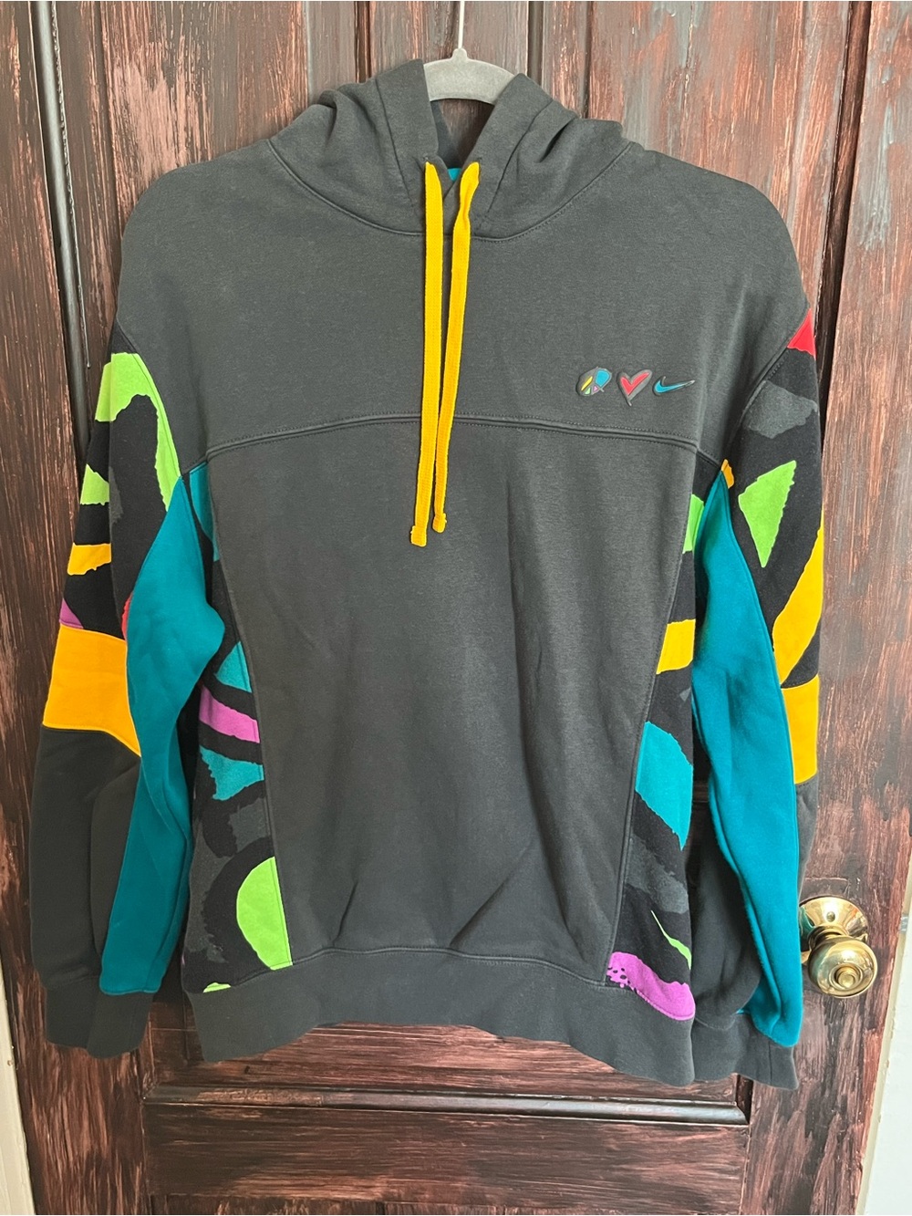 Peace Love Nike Black Pullover Hoodie with Teal, Yellow, Lime & Purple Accents